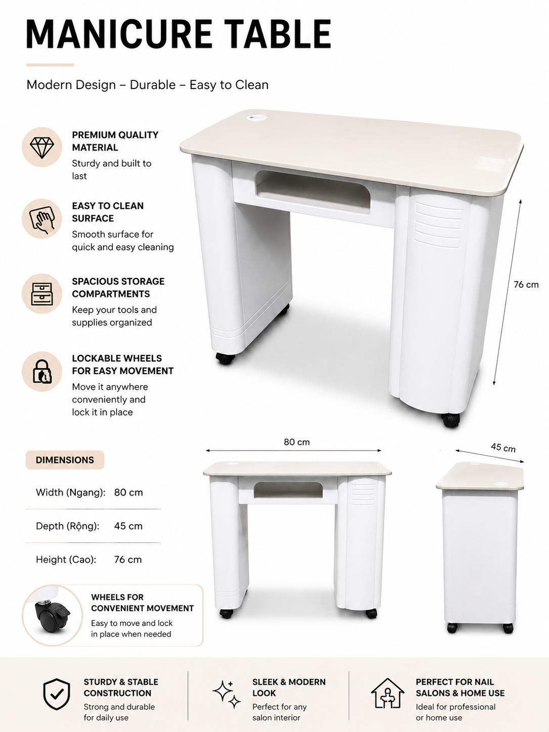 Single Manicure Table Marble Top