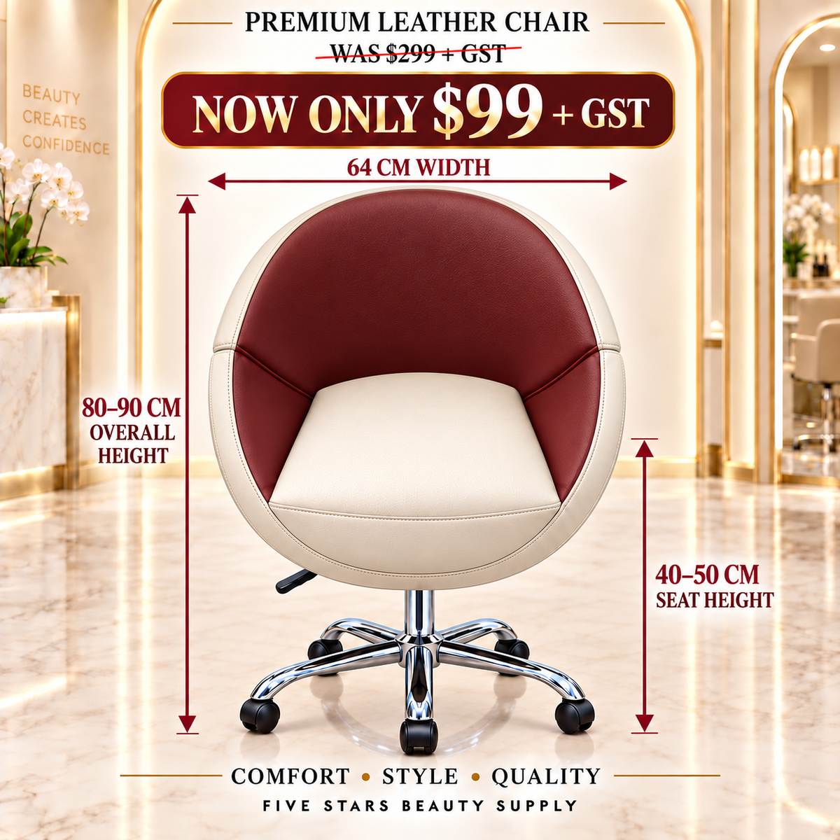 Premium Adjustable Leather Salon Chair with Removable Cushion
